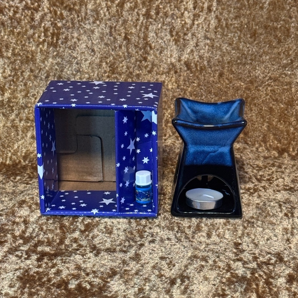Porcelain Oil Burner Black Blue & Brown W/ 1 Tealight & Small Starter Oil Ocean
